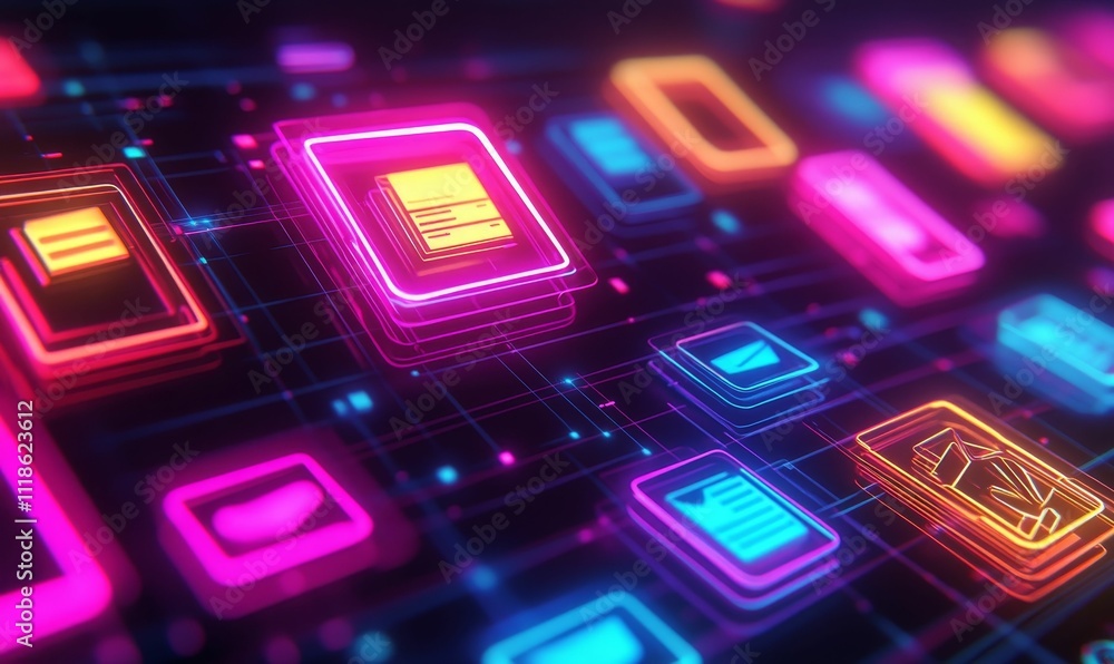 Poster neon glowing data icons linked digitally.