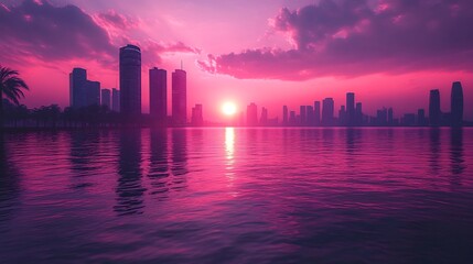 Fototapeta premium cityscape with futuristic skyscrapers glowing under a vibrant sunset rendered in neonlit scifi art style
