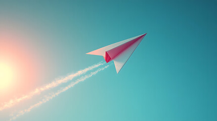 Naklejka premium A Paper Airplane Soaring Gracefully Through Clear Blue Skies with Dynamic Motion and Subtle Air Resistance Streaks