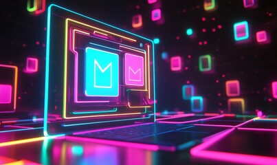 Obraz premium Neon laptop displays glowing message icons.