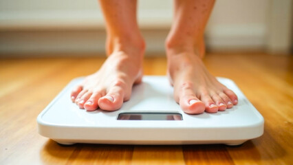 Close-up of feet on a scale checking body weight, against a blurred background of a wooden floor