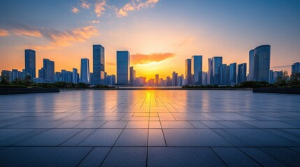 Obraz premium Bright city skyline at dawn with an empty square space and a sleek futuristic bridge
