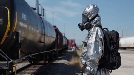Fototapeta premium A crew member stands at a station with a specialized safety suit and equipment prepared to handle any potential spills or leaks during the transport of hazardous materials.