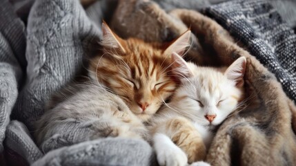 Relaxing Scene of Two Cute Kittens Sleeping and Cuddling on a Cozy Blanket in Bed or on the Sofa