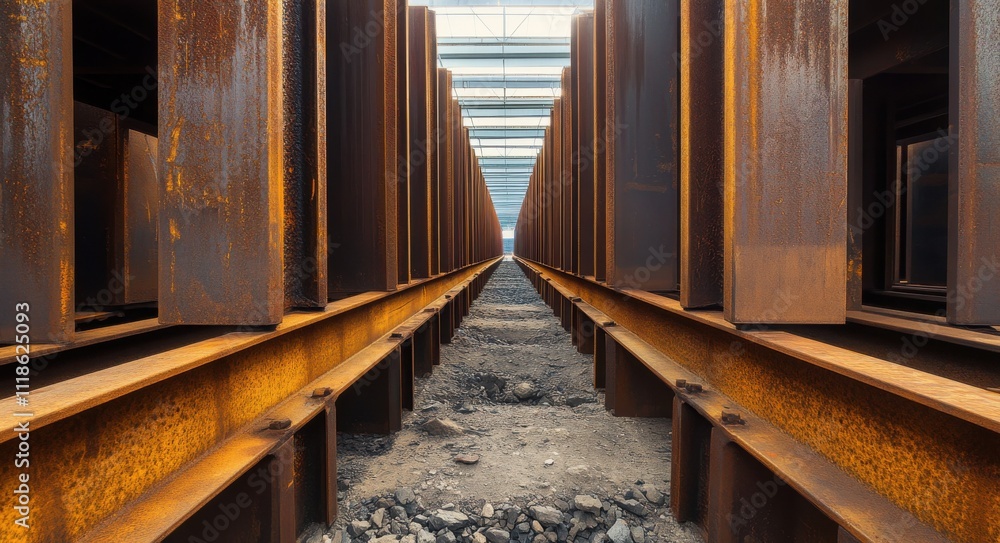 Poster rusty industrial rails under clear sky in warehouse with perspective view highlighting textured meta