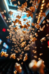 Popcorn falling, illuminated, dark theater.