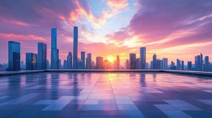 Fototapeta premium Bright city skyline at dawn with an empty square space and a sleek futuristic bridge