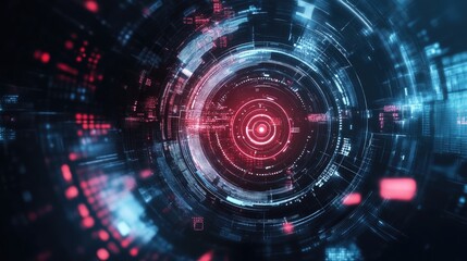 Fototapeta premium Abstract digital technology background with glowing red and blue circles and lines.