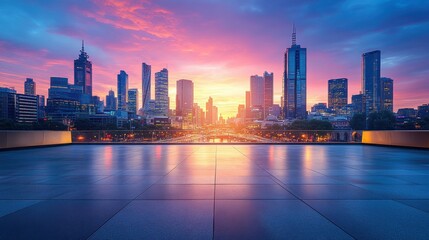 Obraz premium Bright city skyline at dawn with an empty square space and a sleek futuristic bridge