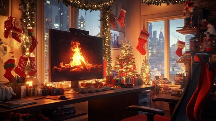A cozy office corner with a glowing fireplace on a TV screen, surrounded by Christmas stockings and garlands