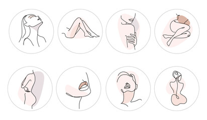 Set of beauty icons in one line Instagram. Hand-drawn social media story covers.
