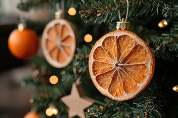 Sustainable Christmas: Close-Up of a Christmas Tree Decorated with Handmade Upcycled Ornaments