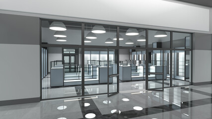 Glass store facade in shopping mall. Entrance realistic composition with view of store front with transparent doors and empty shelves. 3d illustration