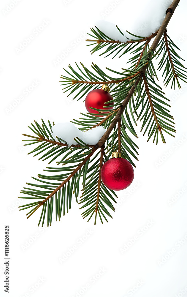 Poster a vertical photo of a pine branch in snow features red and gold decorations against an isolated whit