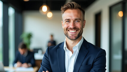 A suave businessman smiles warmly in a modern office setting, projecting confidence and approachability in a professional yet friendly demeanor._00001_
