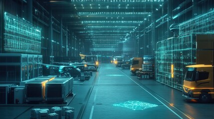 Futuristic smart warehouse with digital overlay showing automated logistics and transportation.