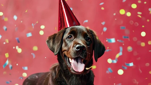 Labrador dog portrait in celebration cone on red background with falling confetti around. Pet party.