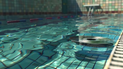 Retro record floats on pool surface. Summer pool party concept.