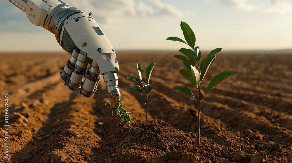 Poster A robot is planting a tree in a field