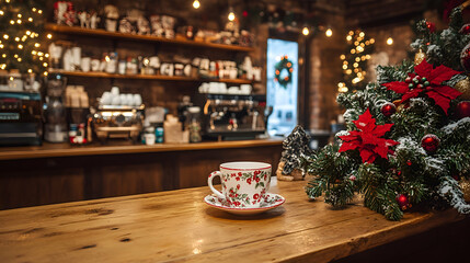 A Christmas-themed coffee shop with festive mugs and holiday decor