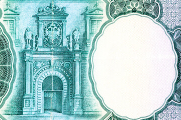 Vintage elements of old paper banknotes.Bonistics.Spain 1000 Pesetas 1925..Fragment banknote for design purpose.