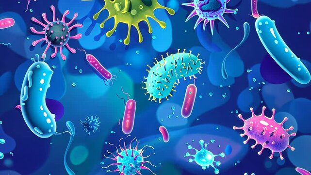 Cartoon bacteria and germs on blue background. Diversity of microorganisms and viruses.
