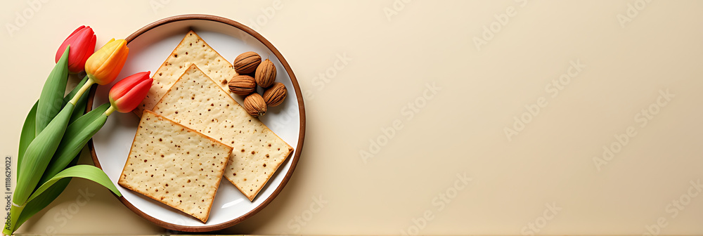 Poster A simple seder display features a vertically arranged tray with matzah, walnuts, and tulips on a soft beige background awaiting notes._00001_