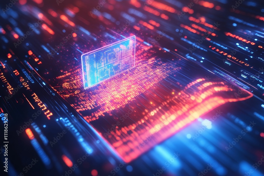 Poster glowing data streams, digital code, bright square.