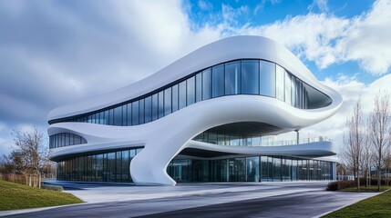 Modern white building with a flowing, organic design.  Large glass windows and sleek lines.  Sky and landscaping visible.