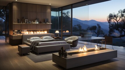 Luxurious bedroom with an open floor plan city views and clean modern materials rendered in minimalist architectural design