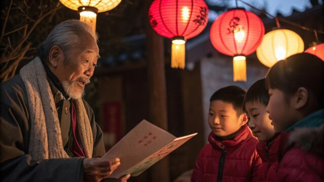 A village elder surrounded by children tells tales of the Nian his wise eyes sparkling beneath the glow of lanterns. The children listen intently their imaginations sparked by the