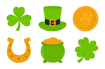 St. Patrick's Day elements. Set of good luck icons. Clover, leprechaun hat, gold coin, horseshoe and pot of money in cartoon style isolated on white background. Colored flat vector illustration