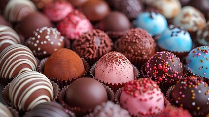 Fototapeta premium Assorted Gourmet Chocolate Truffles in Vibrant Colors and Textures - Perfect for Celebrations, Gifts, or Indulgent Treats to Satisfy Your Sweet Tooth