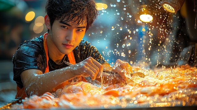 A man in an orange apron preparing food on a grill