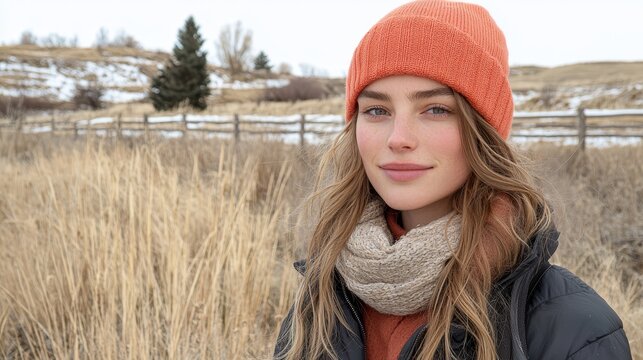 A woman wearing a hat and scarf standing in a field