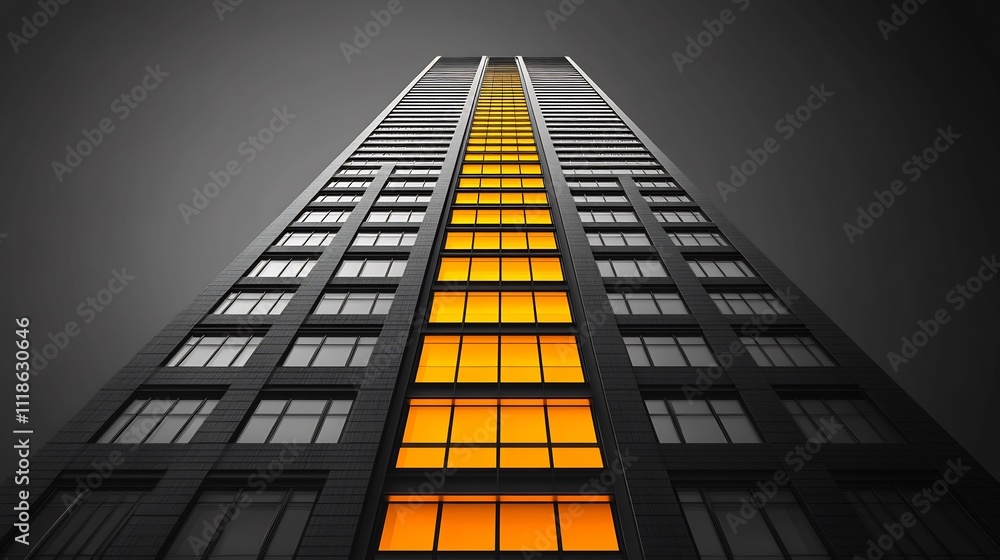 Poster minimalist architecture icon showing modern skyscraper simple lines and shapes drawn in monochrome v