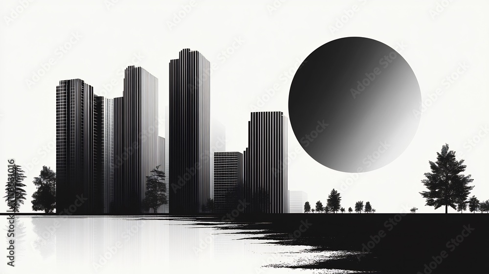 Poster minimalist architecture icon showing modern skyscraper simple lines and shapes drawn in monochrome v