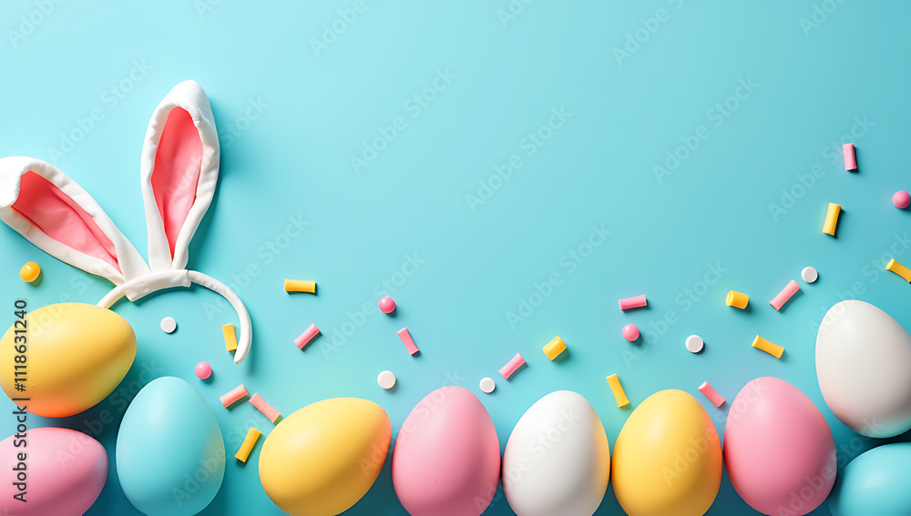 Poster a pastel blue background features a collection of colored easter eggs, ears, and sprinkles centered 