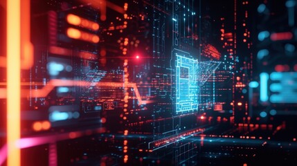 Obraz premium Futuristic cyberspace environment featuring an innovative cpu processing unit executing complex calculations with intricate circuits, glowing lines, and dynamic data streams