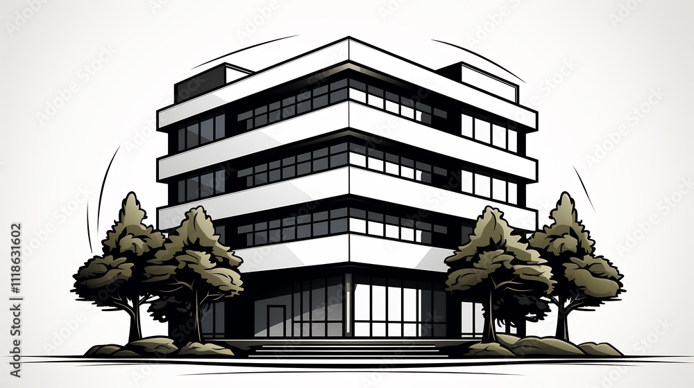 Poster minimalist building icon architecture representing modern highrise buildings clean simple lines draw