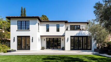Fototapeta premium Modern white house with black windows, terracotta roof, and spacious backyard patio.