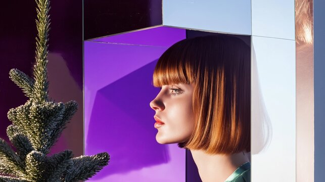 Woman’s Profile in Geometric Frame with a Christmas Tree and Purple Background