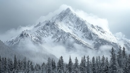 Fototapeta premium A snow covered mountain with trees in the foreground