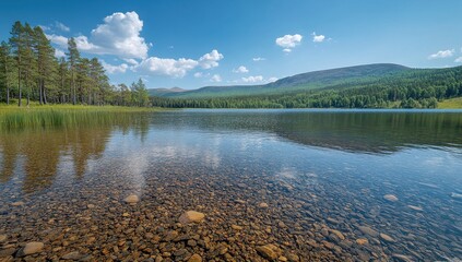Fototapeta premium Serene Landscape of a Crystal Clear Lake Surrounded by Lush Green Forests Under a Bright Blue Sky with Fluffy White Clouds in a Peaceful Natural Setting