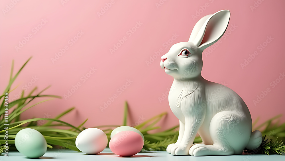 Poster a joyful easter scene features a winsome hare sculpture set against a soft pink background with gree