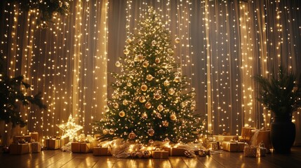 A beautifully decorated New Yearâ€™s tree with twinkling lights and sparkling ornaments 