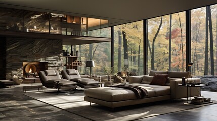 Fototapeta premium Modern bedroom with floortoceiling windows neutral tones and minimalist furniture depicted in a serene architectural style