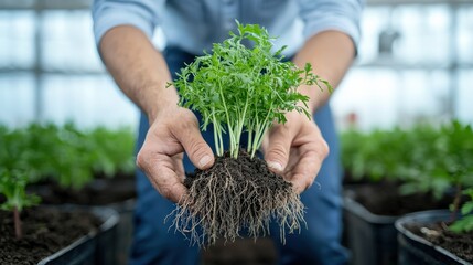 Farmer examining roots of a freshly pulled plant to assess soil health