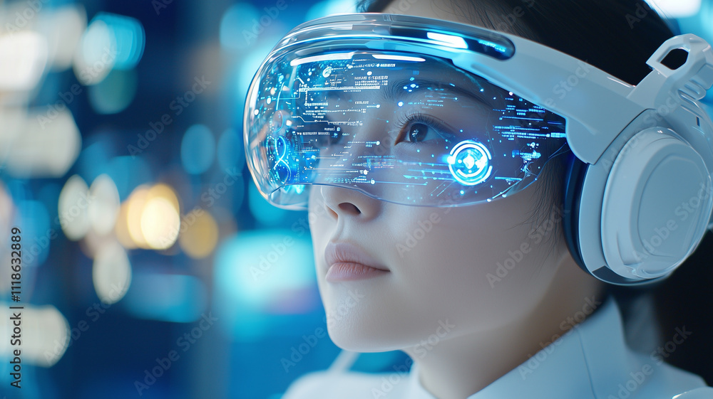 Poster woman in futuristic setting uses augmented reality glasses, surrounded by digital interfaces and glo