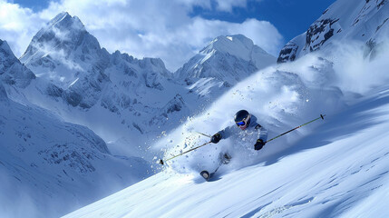 Thrilling Alpine Adventure: Skier Carving Fresh Powder